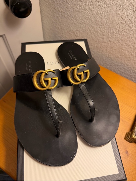 Gucci Shoes - Gucci Black Leather Thong Sandals with Gold Double G Hardware